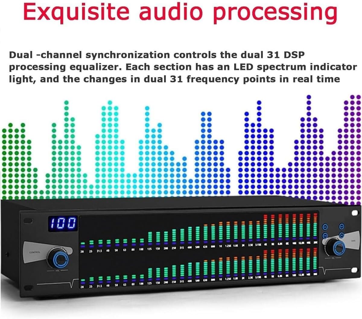 Professional Dual Channel Audio Digital EQ,31-Band Stereo Graphic Equalizer, Equalizer for Recording Studio