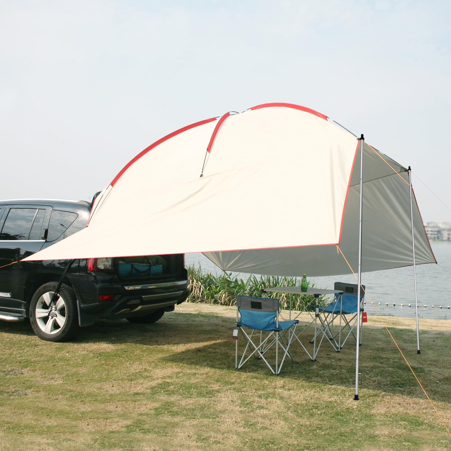 Waterproof Car Awning Sun Shelter, Portable Camping Tarp Canopy Tailgate Sun Shade for Camping, SUV, Truck, Van, Beach, Beige