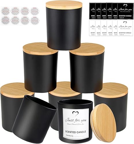 CONNOO Paquete de 8 tarros de vela de vidrio negro vacíos de 14 onzas para hacer velas con tapas de bambú y etiquetas adhesivas, tarros de velas a