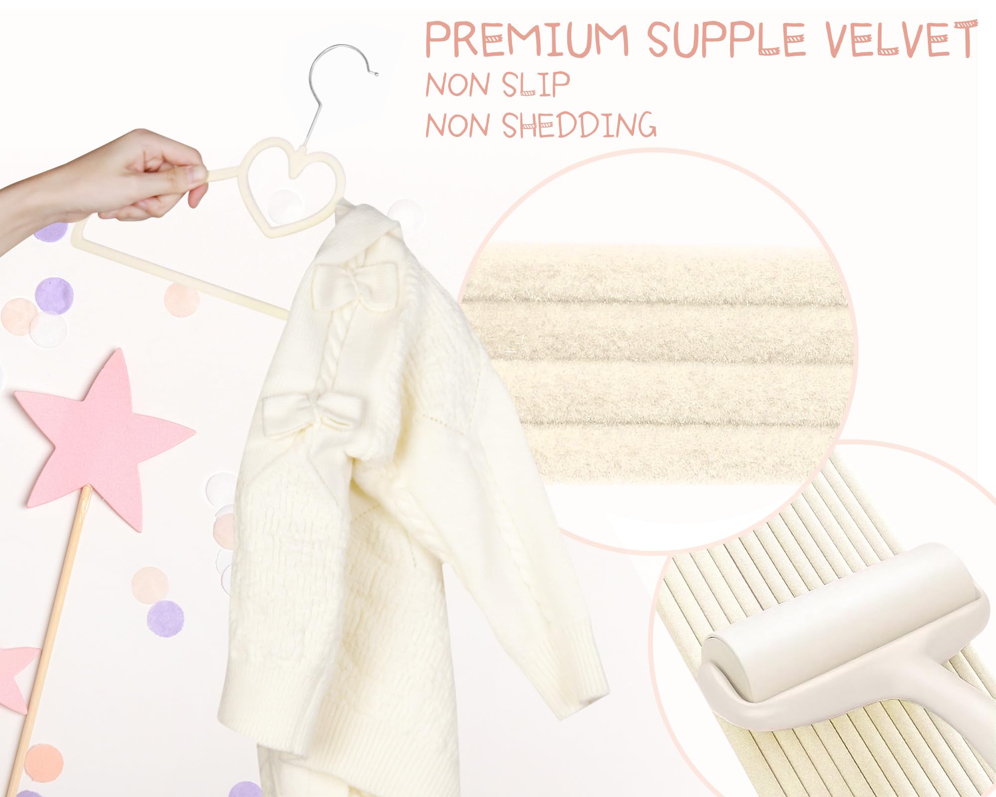 Perchas de terciopelo beige con forma de corazón para bebé, paquete de 50 perchas para niños pequeños de 13 pulgadas con 20 clips, ultra delgadas y apilables para ahorrar espacio