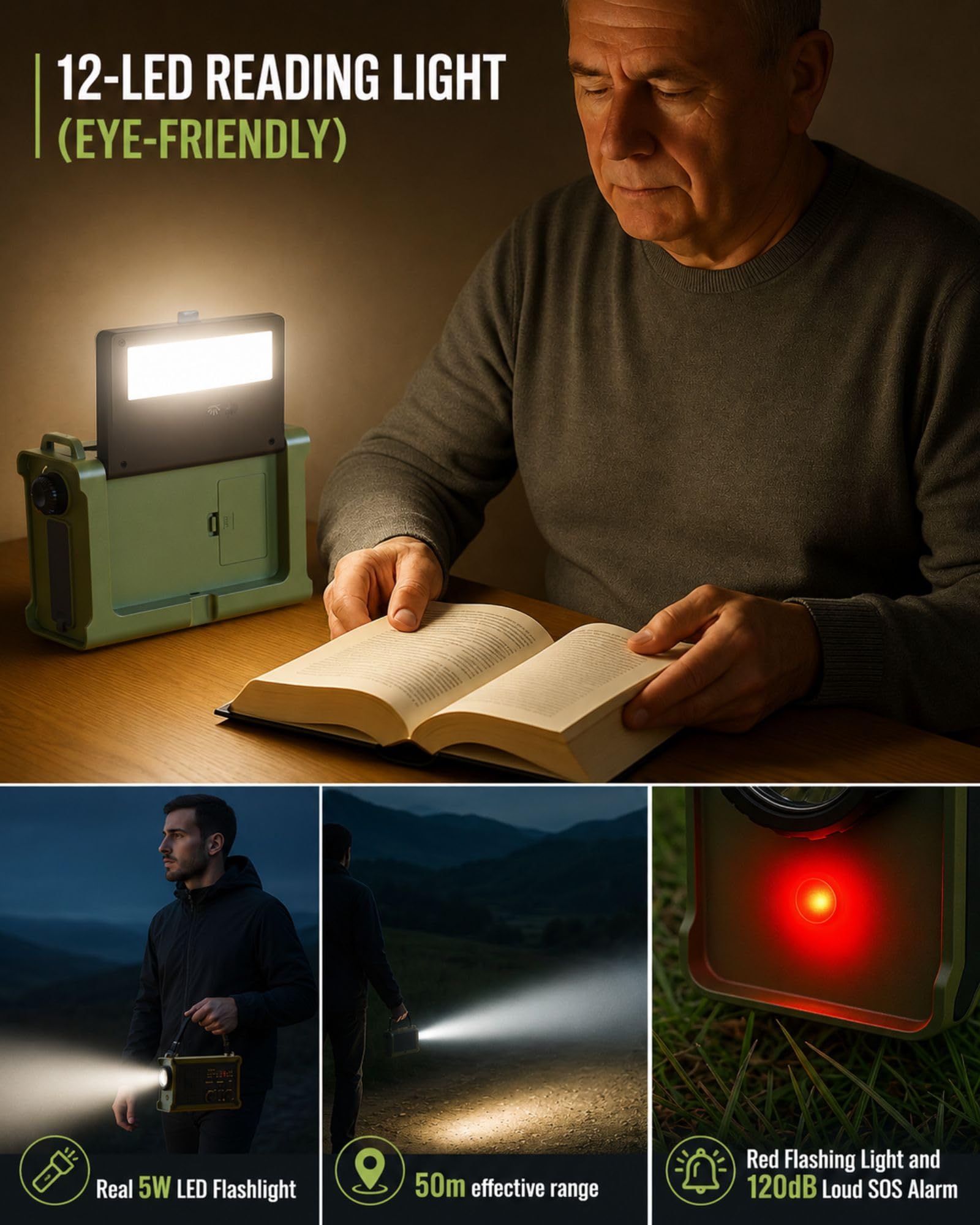 Radio meteorologica di emergenza AM/FM/NOAA solare manovella LED torcia USB SOS
