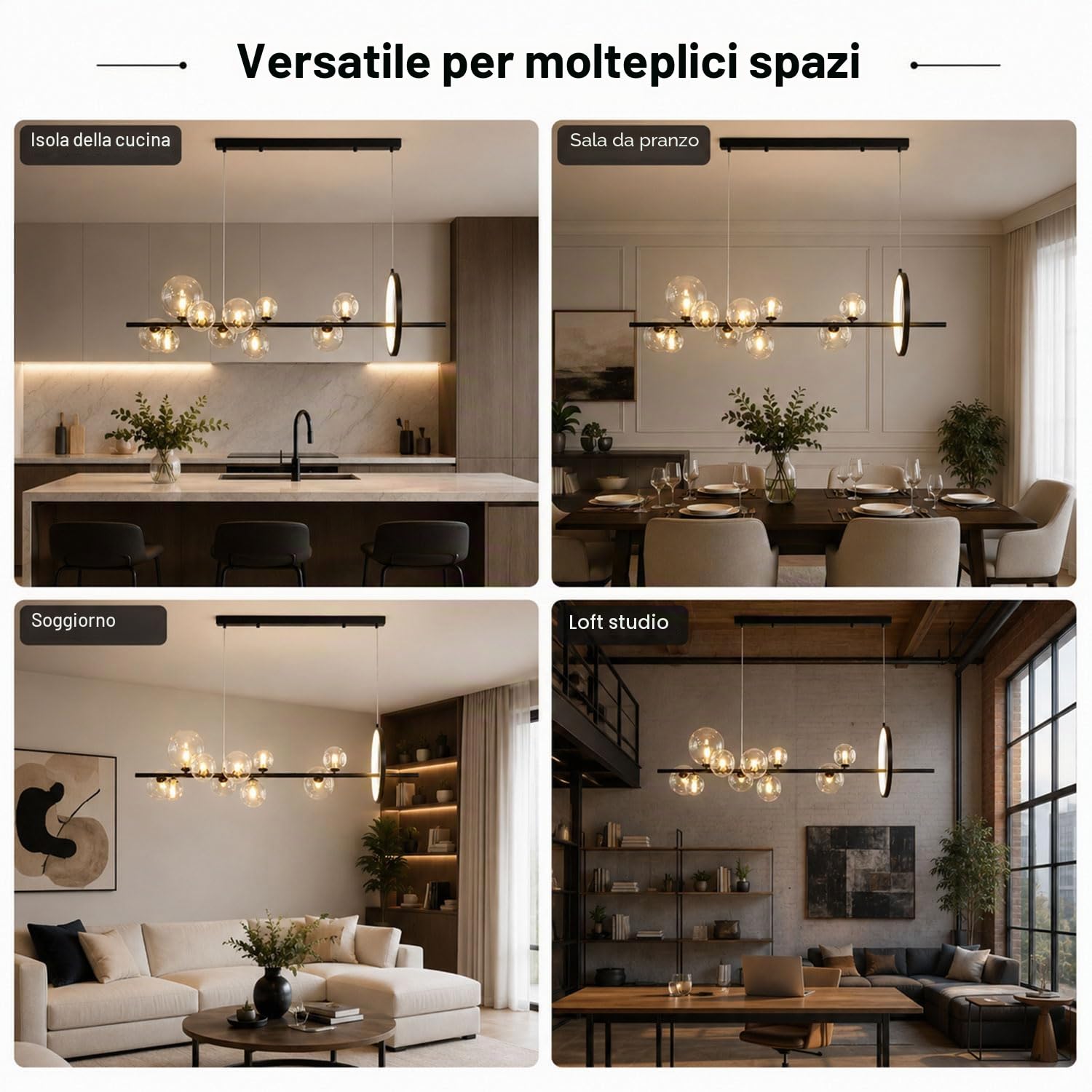 Moderne lampade a sospensione a sfera in vetro, 7/10 luci, lampadario a LED per sala da pranzo, regolabile, nero, industriale, per camera da letto, soggiorno, isola della cucina