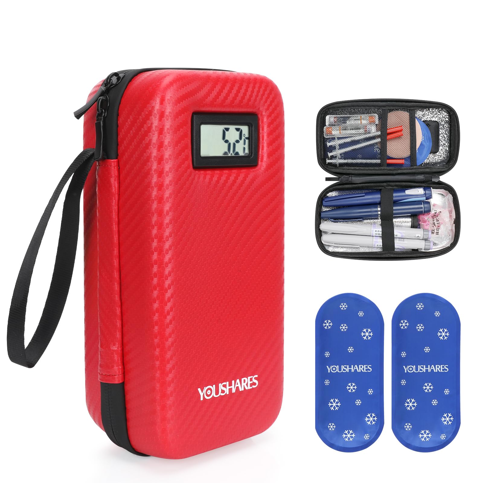 YOUSHARES Pochette Isotherme Insuline, Trousse Isotherme Insuline Medicament Voyage Affichage de la Température avec 2 Poche de Glace pour Diabetique