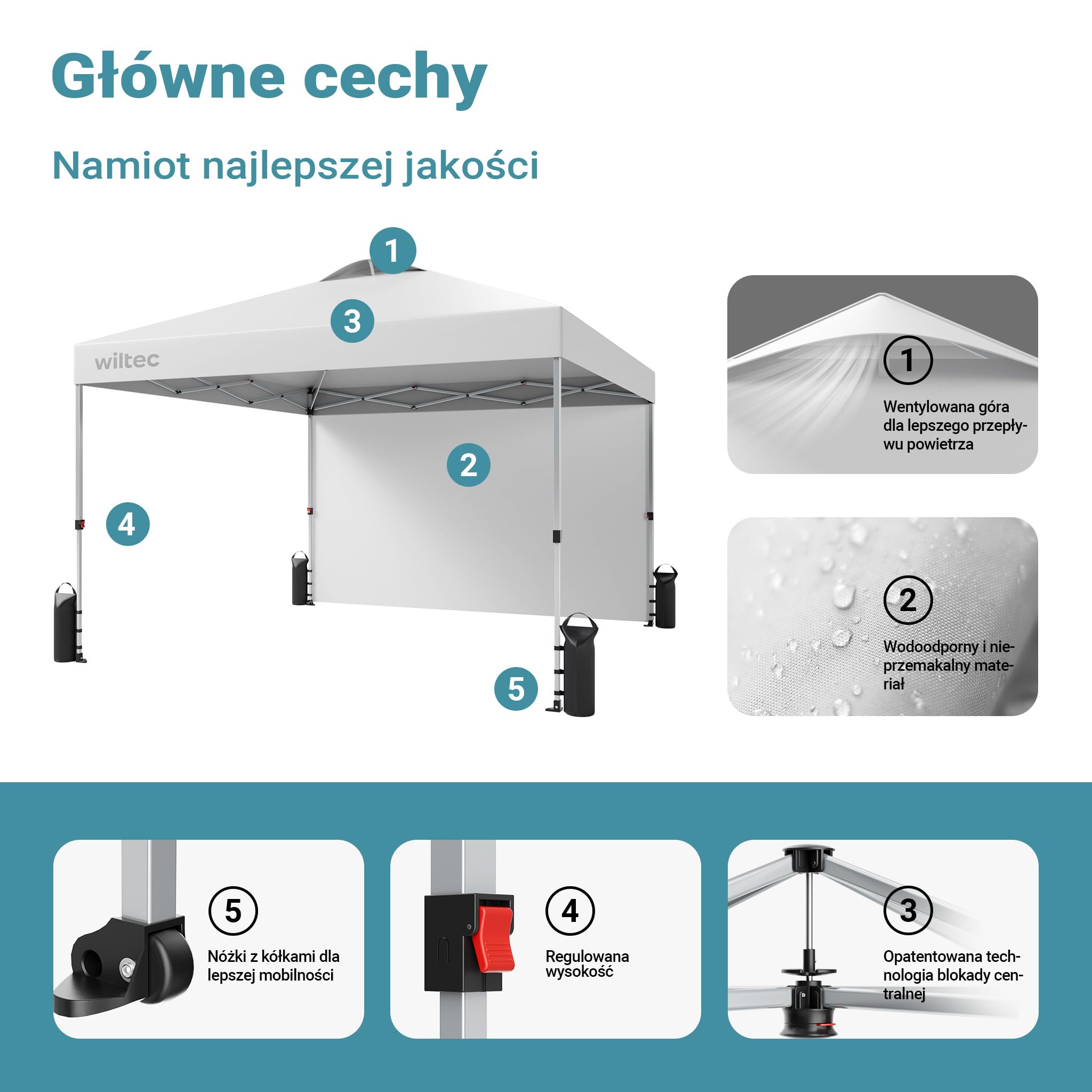Wiltec Pop-up Pawilon imprezowy składany namiot ogrodowy handlowy ze ścianą biały 3x3m z kołami