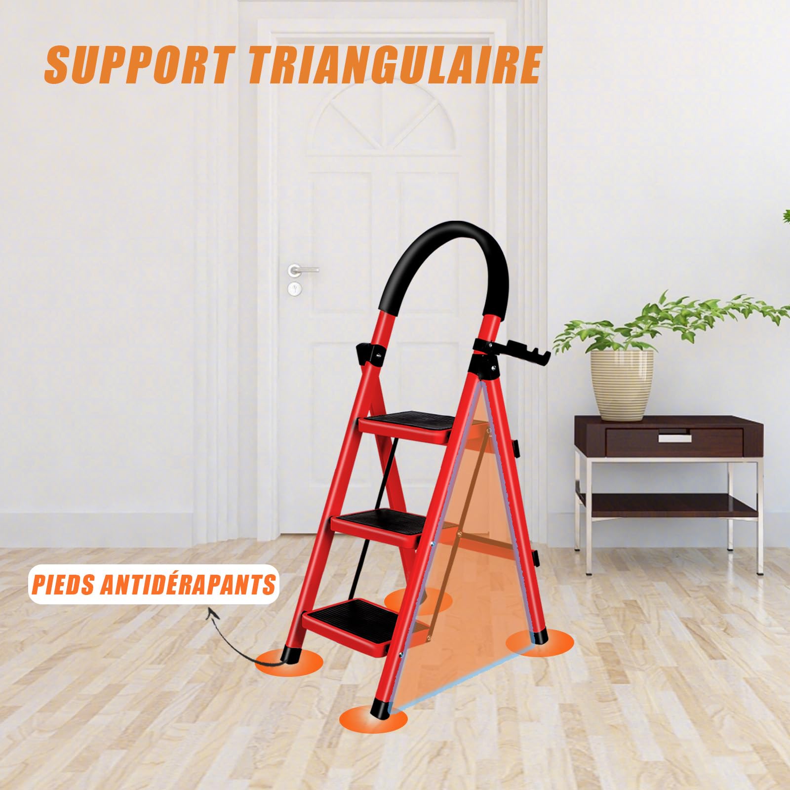 Escabeau Ménager 3 Marches en Aluminium avec Mains Courantes 150 KG Escabeau en Aluminium Echelle Multifonctions pour Maison et Bureau-104 x 57 x 41,5 cm - 3 marches (Rouge)