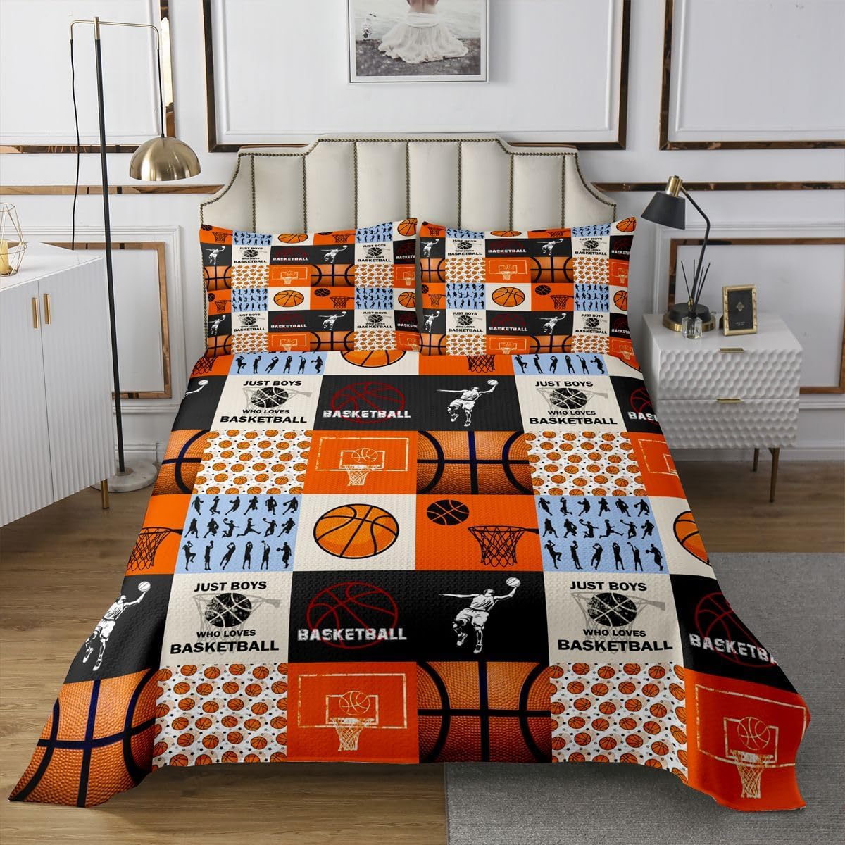 Boy Basketball Bedspread Twin Size,Ball Sport Games Bedding Sets 2Pcs for Kids Girls Boys Room Decor,Basketball Player Silhouette Comforter Set Modern Patchwork Plaid Quilt Coverlet,1 Pillowcase