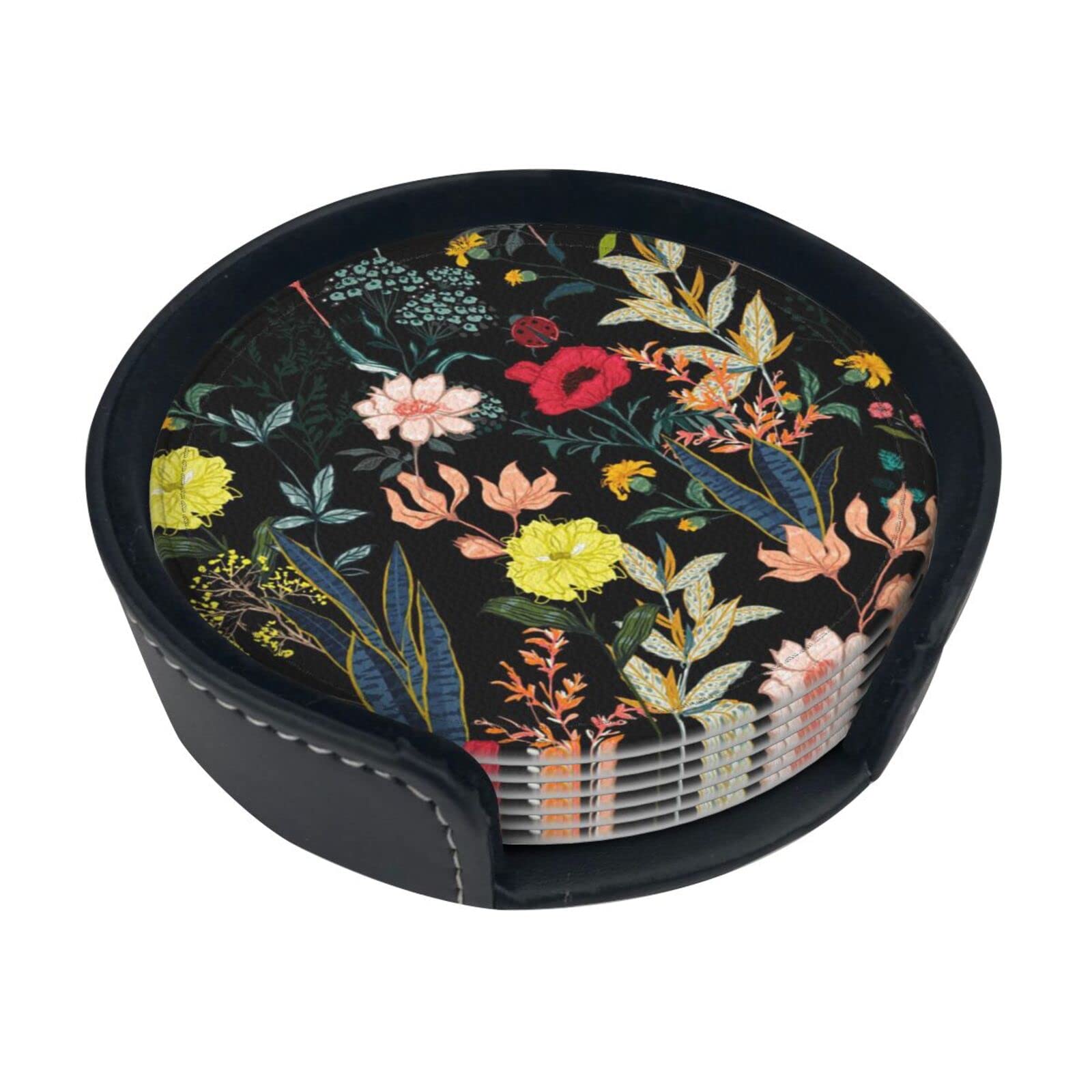 Coasters Set Of 6 Colorful Boho Floral Print Leather Coasters For Drinks,Home Décor And Housewarming Gift