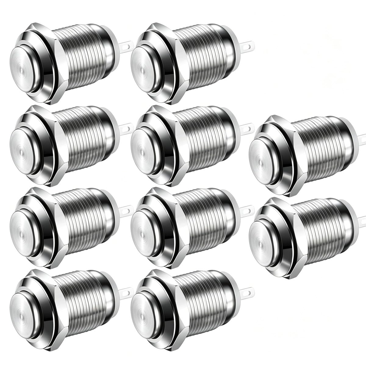 Gebildet 10Piezas Pulsador a Prueba de Agua Botón de Acero Inoxidable Momentáneo Encendido Apagado 12mm 2A 12V/24V/125V/250V(Cabeza Alta)