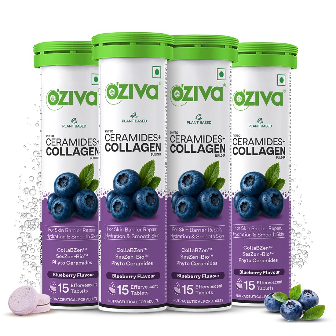 OZiva Phyto Ceramides+ Collagen Builder | For Mositure Retention, Barrier Repair & Hydration Boost | With Suran Extracts, CollabZen & SesZen-Bio | Blueberry Flavour | 60 Tablets (Pack of 4)