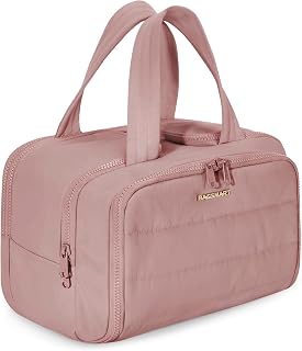 BAGSMART Large Travel Toiletry Bag for Women - Lightweight Puffy Wide-Open Makeup Organizer with Handle, Dark Pink