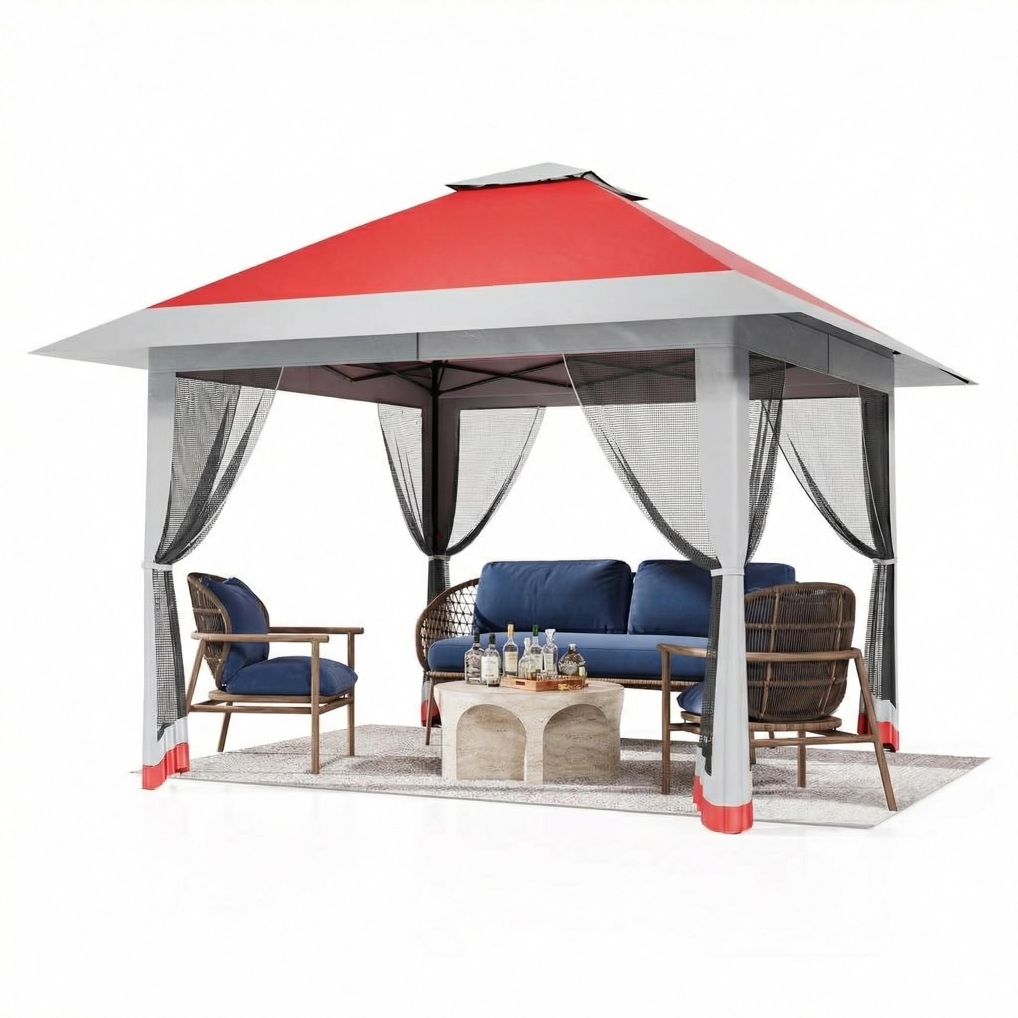 3.9m x 3.9m Pop Up Gazebo with 4 SandBags, Mosquito Netting & Height Adjustable, Garden Double Roof Marquee Party Tent with Leg Weights & Roller Bag, Red
