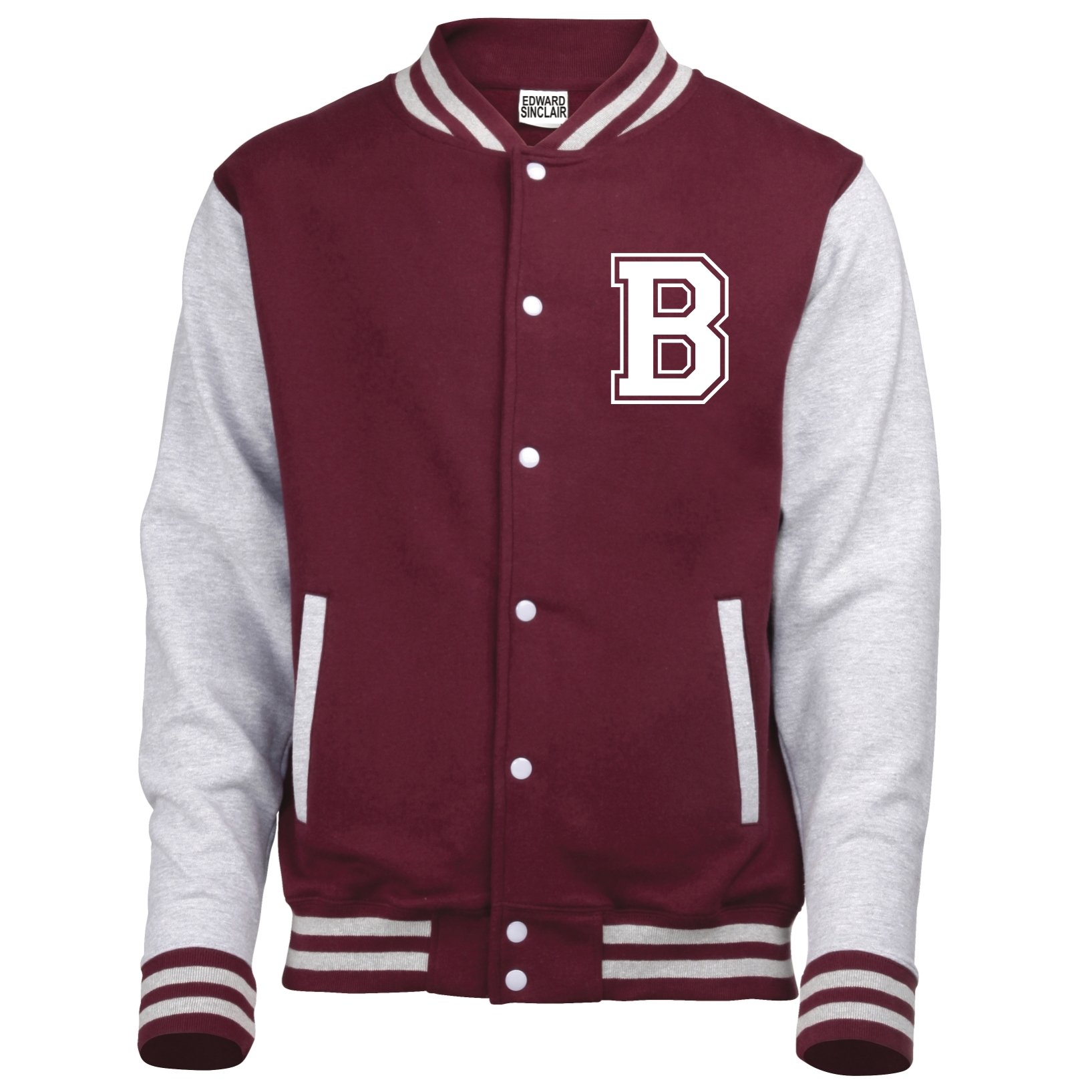 Edward Sinclair | 9-11YRS | Named VARSITY JACKET with name and initial | BURGUNDY | HEATHER GREY SLEEVES