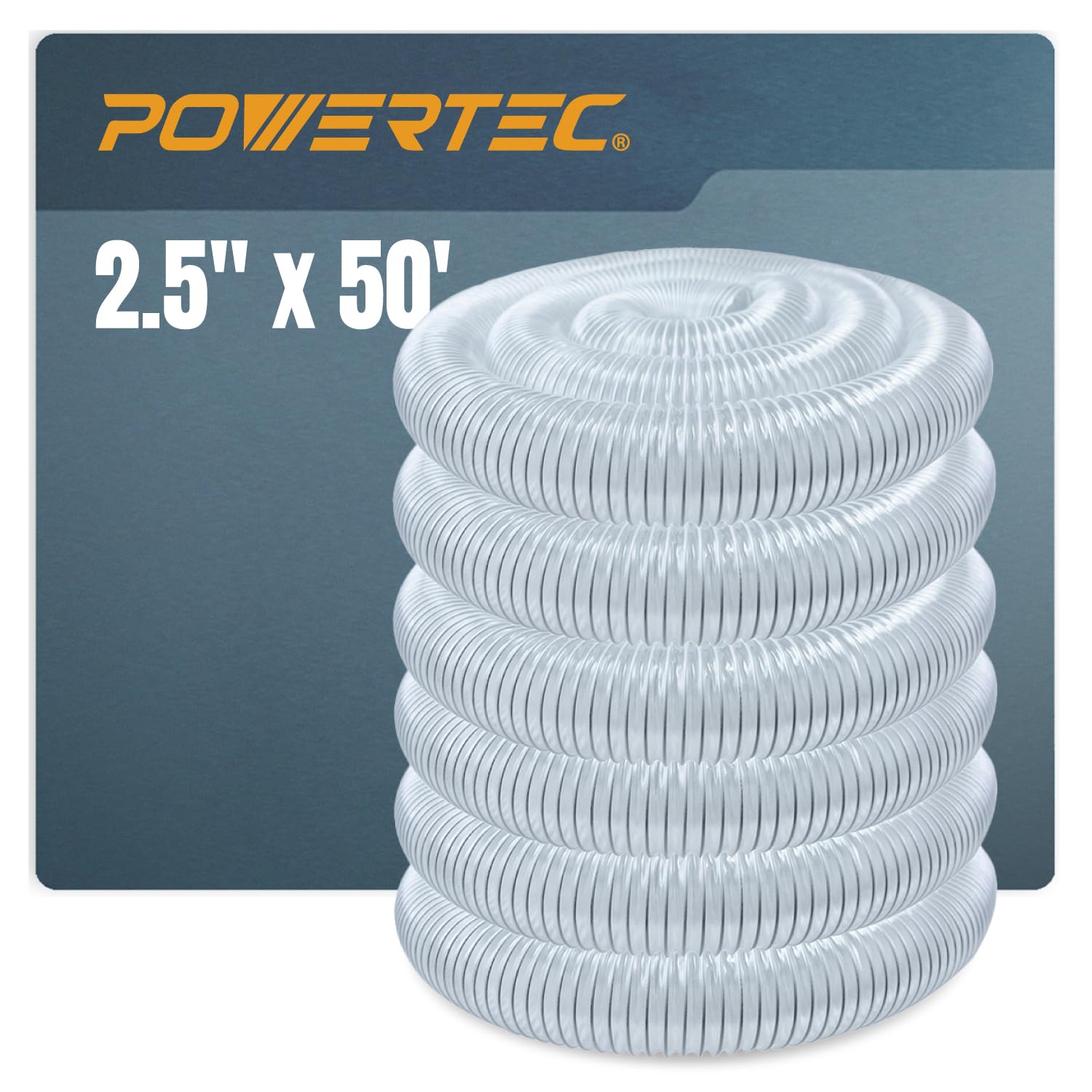 POWERTEC 70240 PVC Dust Collection Hose (2-1/2 Inch x 50 Feet) | Left Spiral Flexible Clear View Heavy Duty PVC Hose