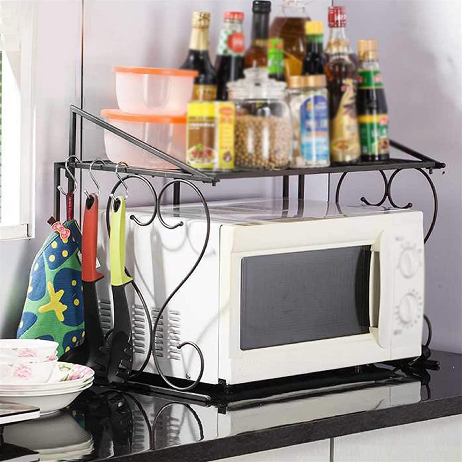 Kuchenny organizer do przechowywania, wolnostojący stojak na kuchenkę mikrofalową, chromowany metal, kuchenny stojak na piekarnik do kuchni, biura, wielofunkcyjny stojak na naczynia, półka do przechowywania blatu kuchennego, 2 poziomy