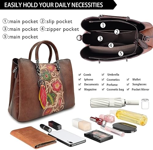 Miniatura 5 de Bolso vintage de cuero genuino para mujer bolso cruzado de cuero de vaca - Bolso de mano con relieve de flores