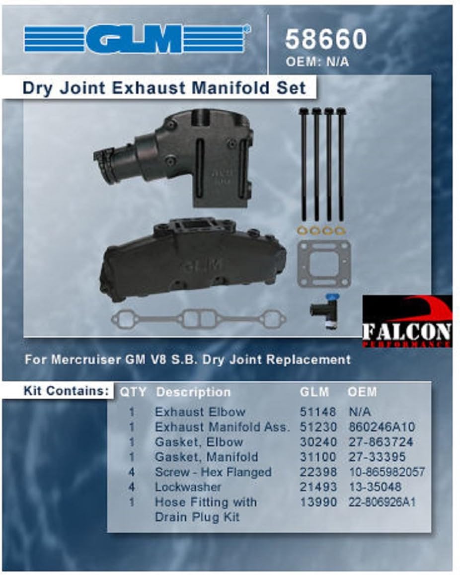 GLM MARINEDry Joint Alternative with 4" Elbow Exh. Manifold kit compatible with Mercruiser Chevy Marine 5.0 5.0L 5.7 5.7L 305 350 .(1) BANK ONLY.