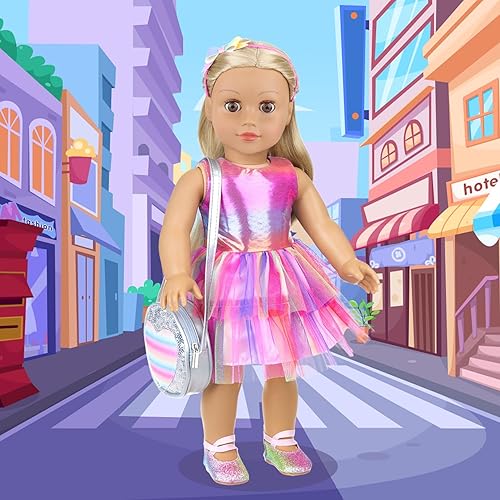 Vista 7 de ZITA ELEMENT Muñeca americana de 18 pulgadas, 14 piezas, accesorios de maquillaje con vestido para muñeca de generación, juego de belleza y ropa