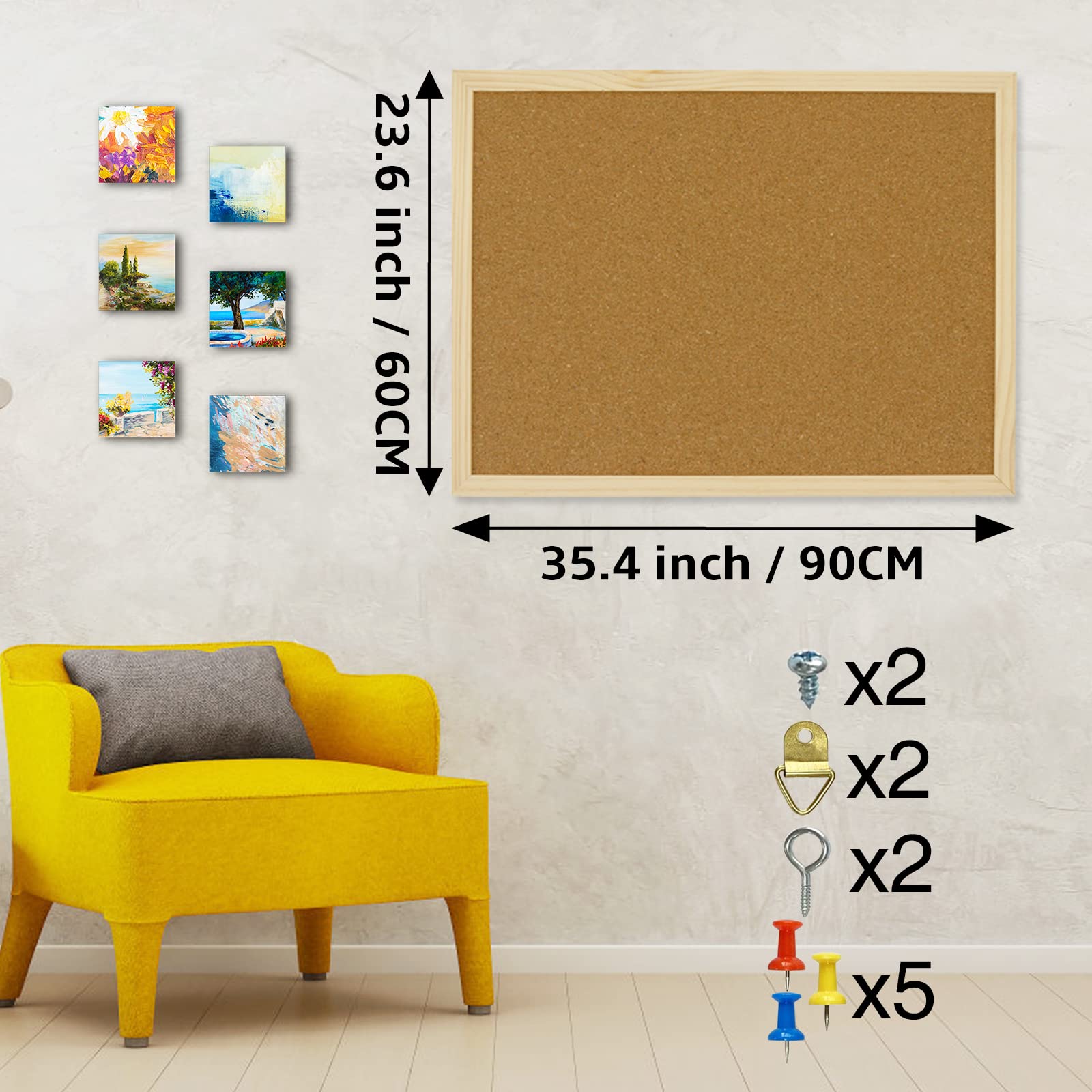 OWLKELA 90X60 cm Bacheca in Sughero Addensata, Lavagna Sughero, Pannelli Sughero, con 10 Puntine da Disegno e Anelli per Appendere Vision Board, Bacheca per Ufficio, Aula o CasaCornice in Legno