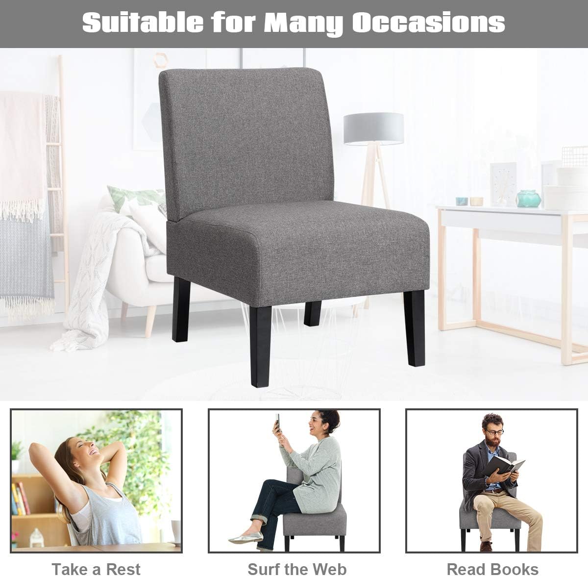 DORTALA 2PCS Upholstered Accent Chair,Upholstered Fabric Side Chairs W/Curved Backrest, Rubber Wood Legs, Soft Sponge, Comfortable Backrest, Sturdy Structure, Ideal for Living Room Bedroom, Gray