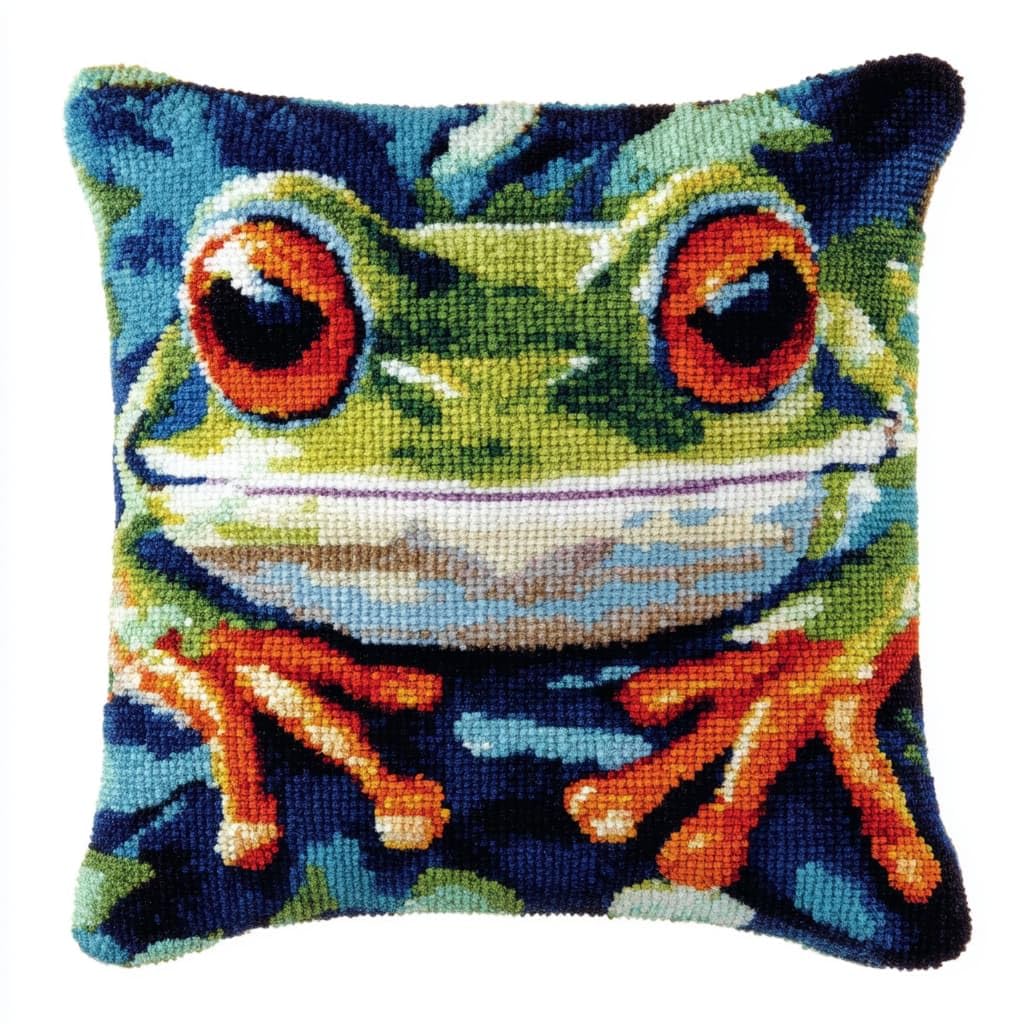 Taxpy Latch Hook Kits, Animal Frog Pillow DIY Rug Crochet Hook Cushion Making Kits with Preprinted Pattern Canvas Handmade Cushion Kit 43x43cm