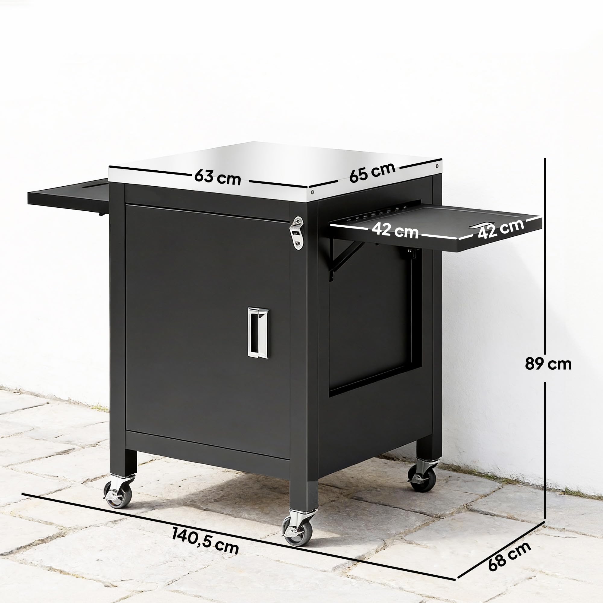 Outsunny Desserte jardin chariot de barbecue sur roulettes îlot de cuisine plateau en acier inoxydable placard Porte-Serviettes, Ouvre-Bouteille 140,5 x 68 x 89 cm Noir