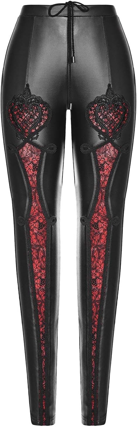 Punk Rave Women’s High Waist Gothic Faux Leather Leggings Steampunk Lace Floral Patchwork Drawstring Trousers Pants Red