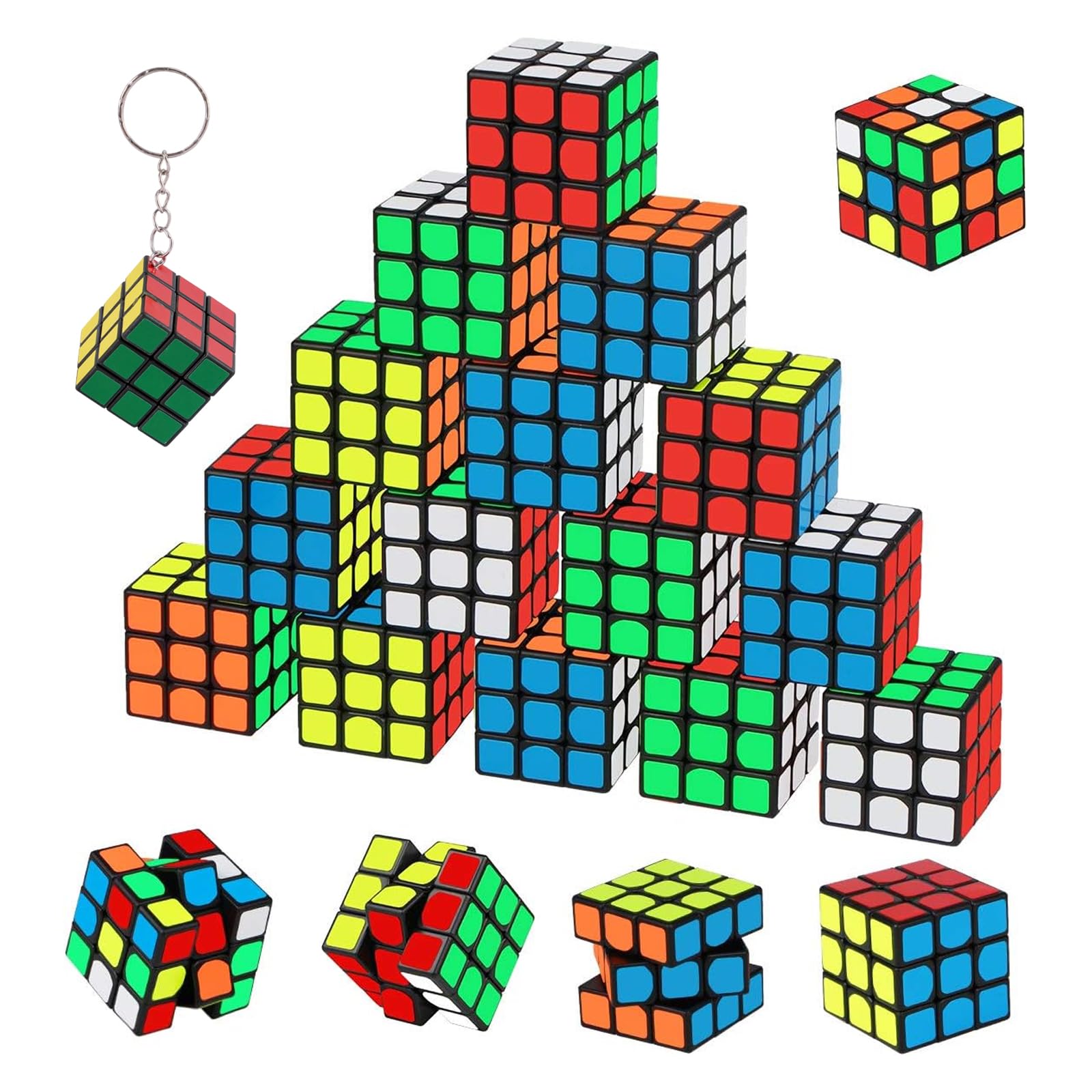 20 Pack of 3x3 cm Mini Rubix Cube Party Favours, Mini Games for Party Bag Gifts, Novelty Keyrings with Keychain, Desk Decoration and Stress Relief Tool