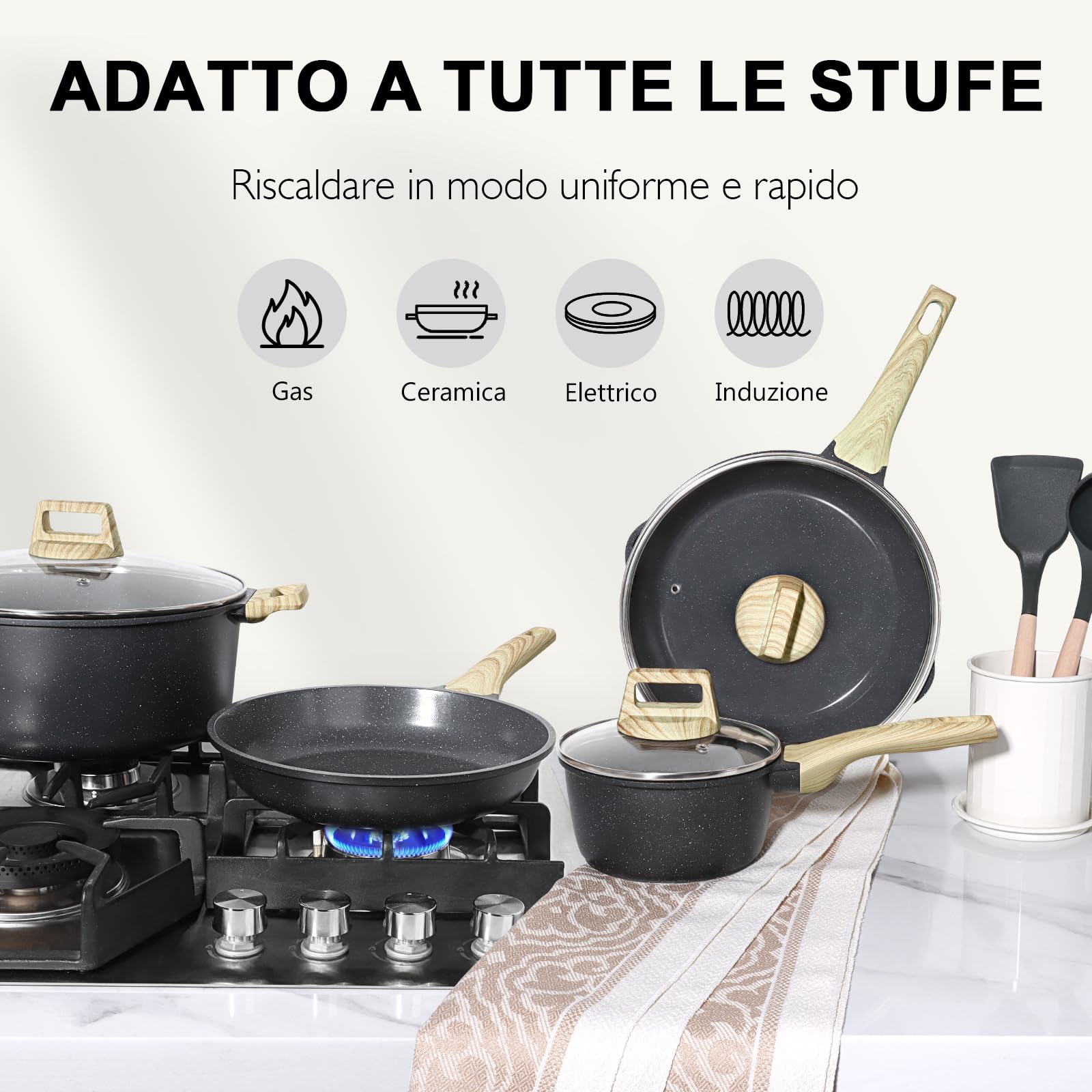 GiPP 17 PCS Set Di Pentole Da Cucina Da Con Coperchi, Pentole E Padelle Antiaderenti In Ceramica, Set Di Pentole Per Piani Cottura A Induzione, Compatibili Con Tutti I Piani Cottura, Grigio
