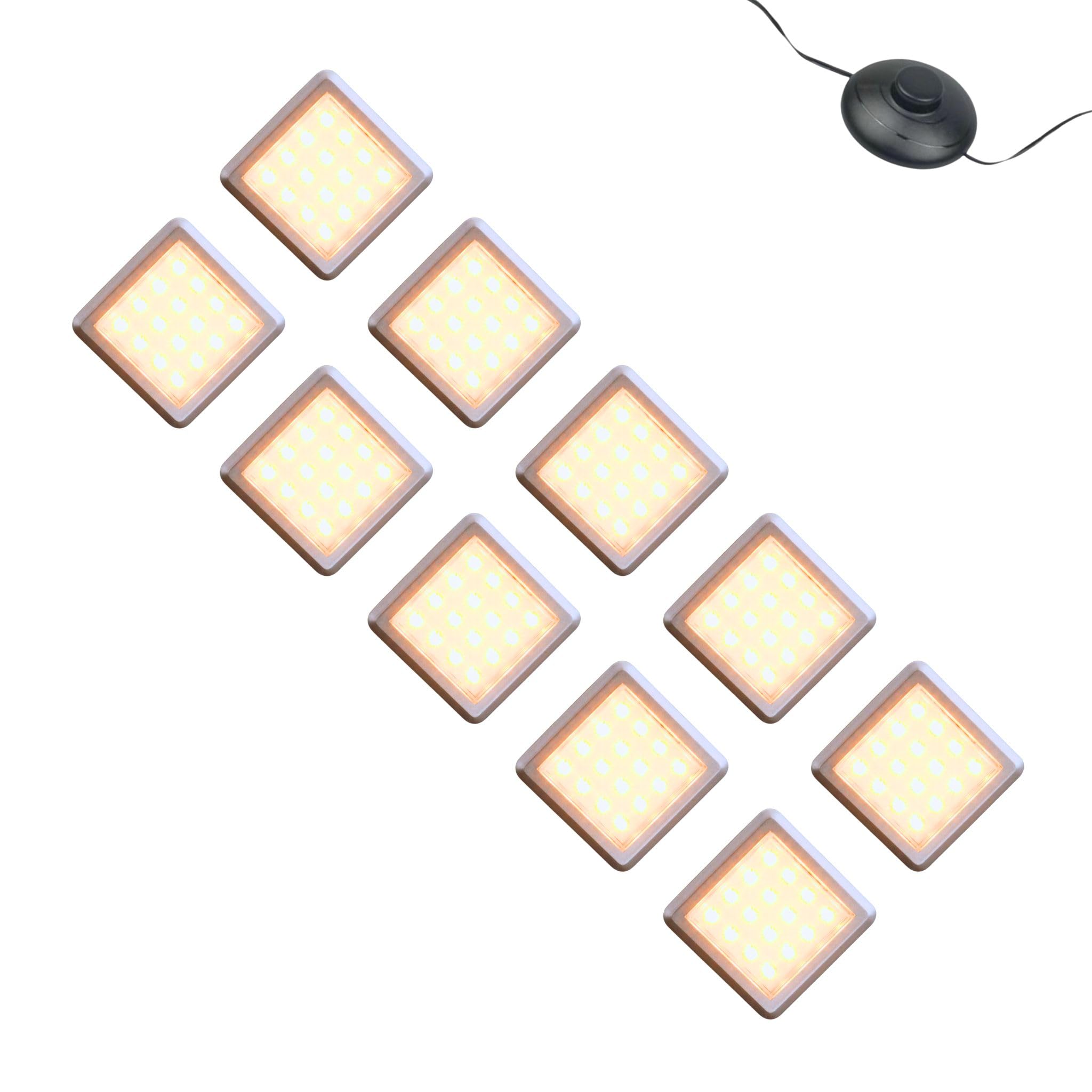 kalb | LED Vitrinenleuchte Quina, 3000K, 12V, mit Fußschalter, 1-10er Set, silber matt, quadratisch, 53mm, mit Erweiterung dimmbar (10er Set)