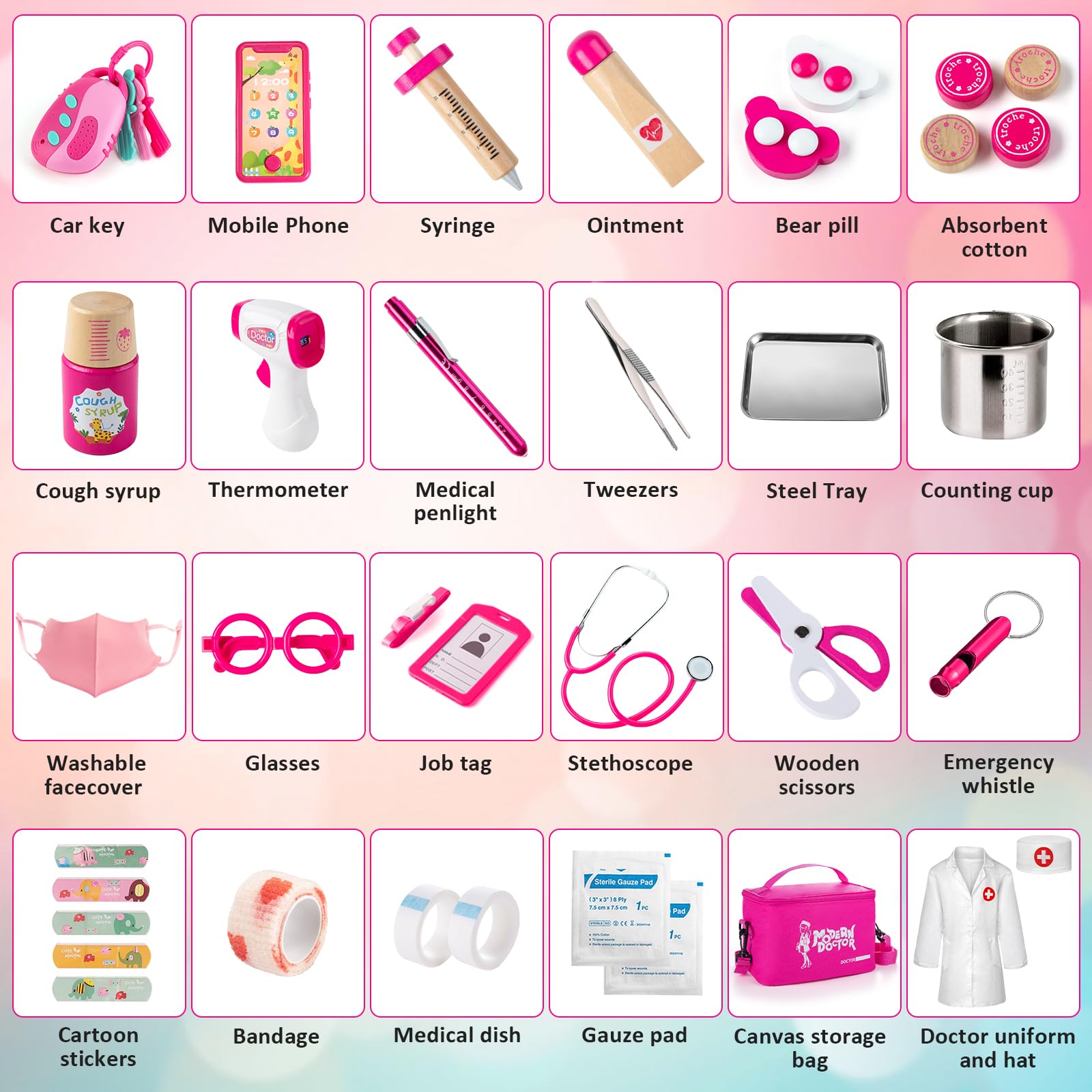 Sundaymot Valigetta Dottore Bambini, Kit Dottoressa Bambina con Stetoscopio, Legno Siringa, Termometro, Borsa da Medico Portatile e Camice da Medico, Giochi Di Ruolo Per Ragazze e Ragazzi Di 3+ Anni