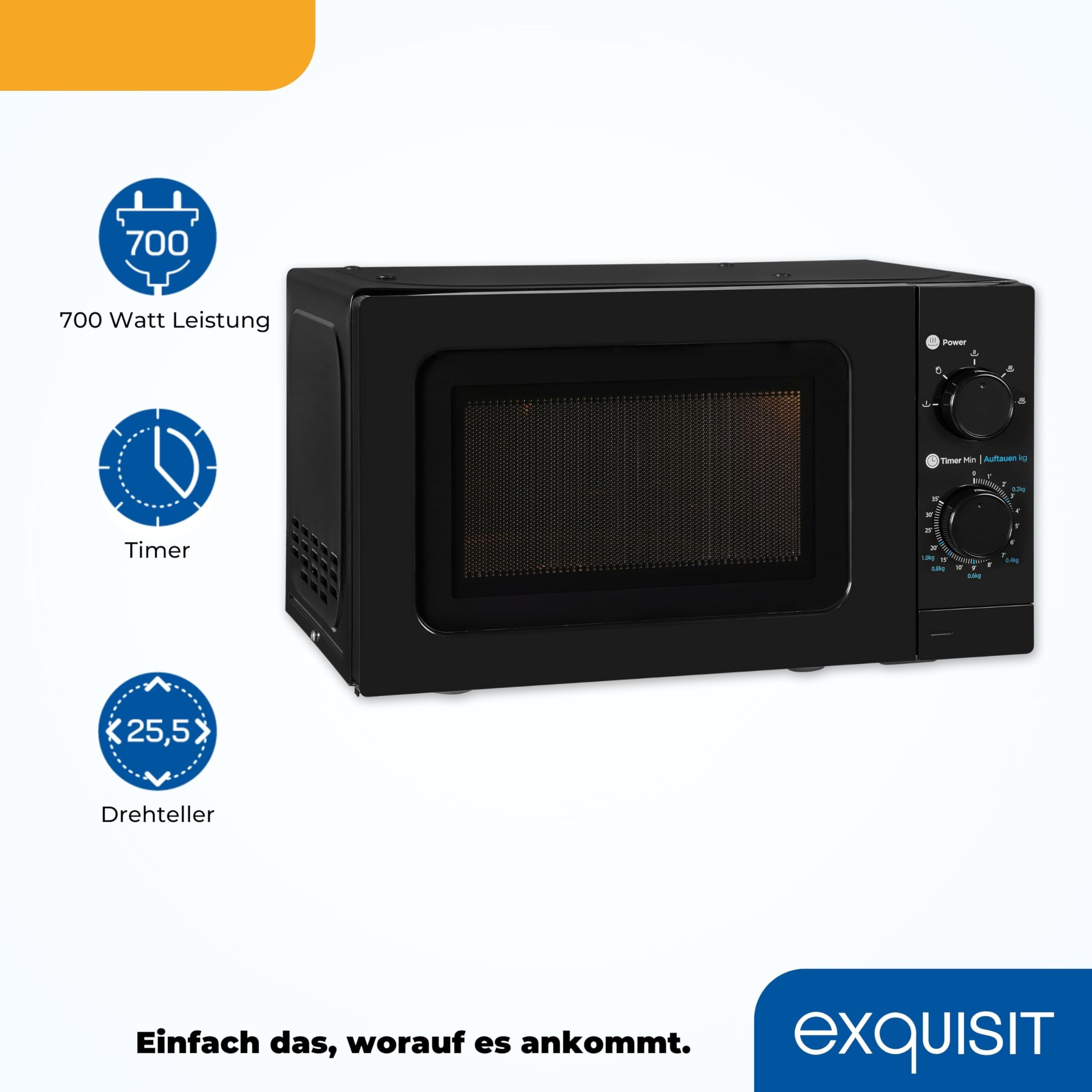 Exquisit Unterbau-Mikrowelle WP 700 J17-3 | 700 W | 20 L | Schwarz | Mechanische Steuerung mit 5 Leistungsstufen, Timer bis 35 Min, Drehteller 255 mm, Kabellänge 100 cm