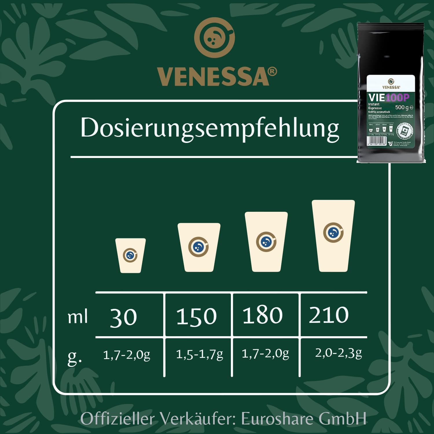 VENESSA VIE 100P Premium Instant Espresso 15 x 500 g delikatnie palone, silnie aromatyczne w smaku – do automatów Vending, gastronomii, firm