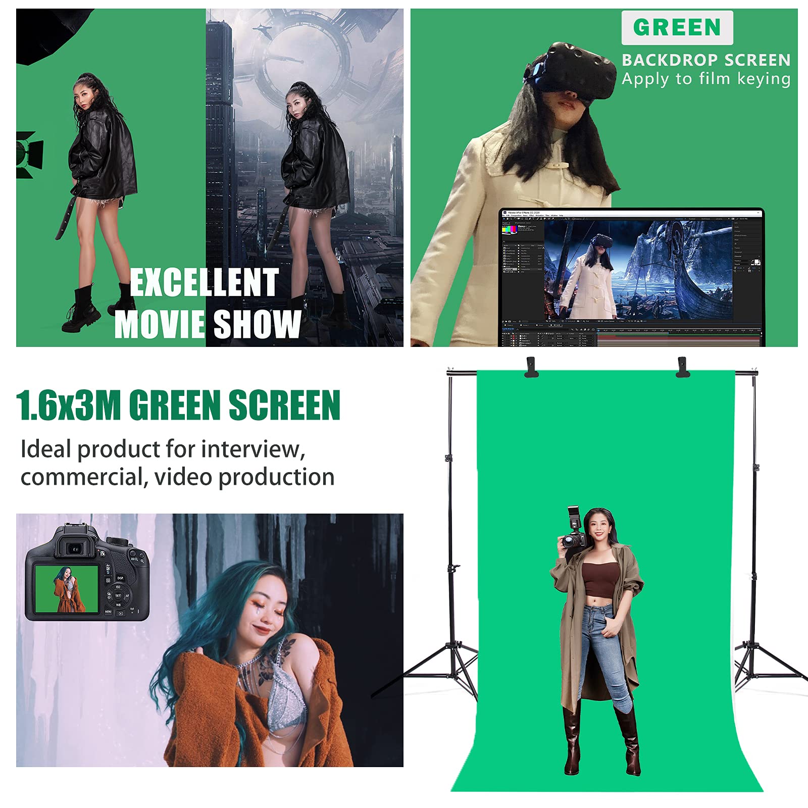 Photo Studio - Kit di Supporto per Sfondo Fotografico 2 x 3 m, con Fondali Neri Verdi, Morsetti e Borsa per il Trasporto, Supporto per Sfondi Foto per Prodotti, Ritratti e Riprese Video