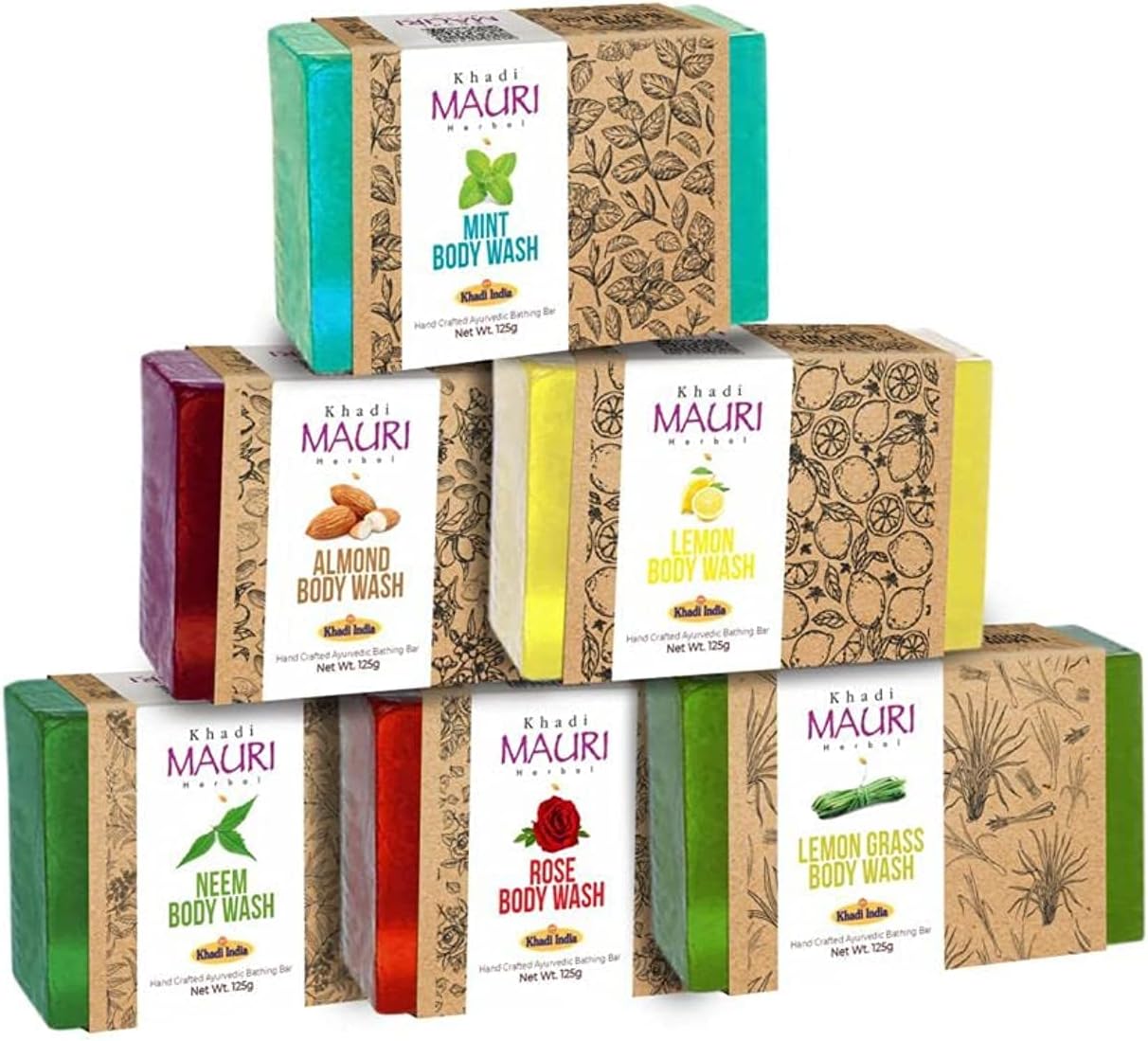 Khadi Mauri Herbal Assorted Ayurvedic Soaps Combo For Glowing Skin, 125 Gm (Pack Of 6)