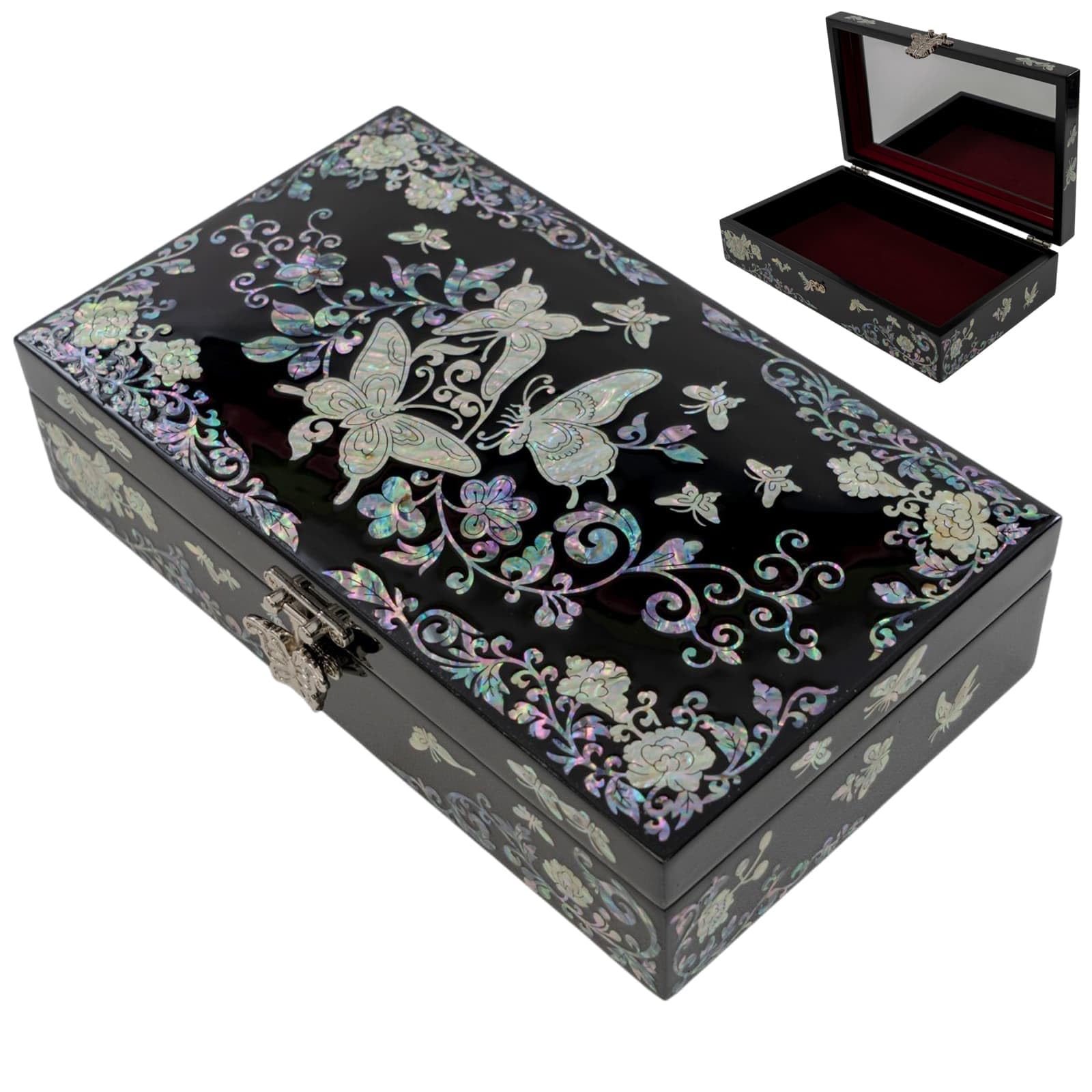 February Mountain Mother of Pearl Jewelry Organizer box - Romantic Anniversary Mother's day Christmas Graduation Birthday Gifts for women (Butterfly Floral)