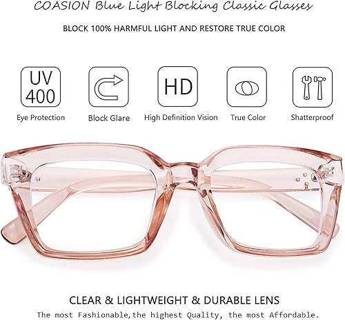 Miniatura 5 de COASION Lentes de bloqueo de luz azul, lentes clásicos gruesos con montura cuadrada para mujeres y hombres