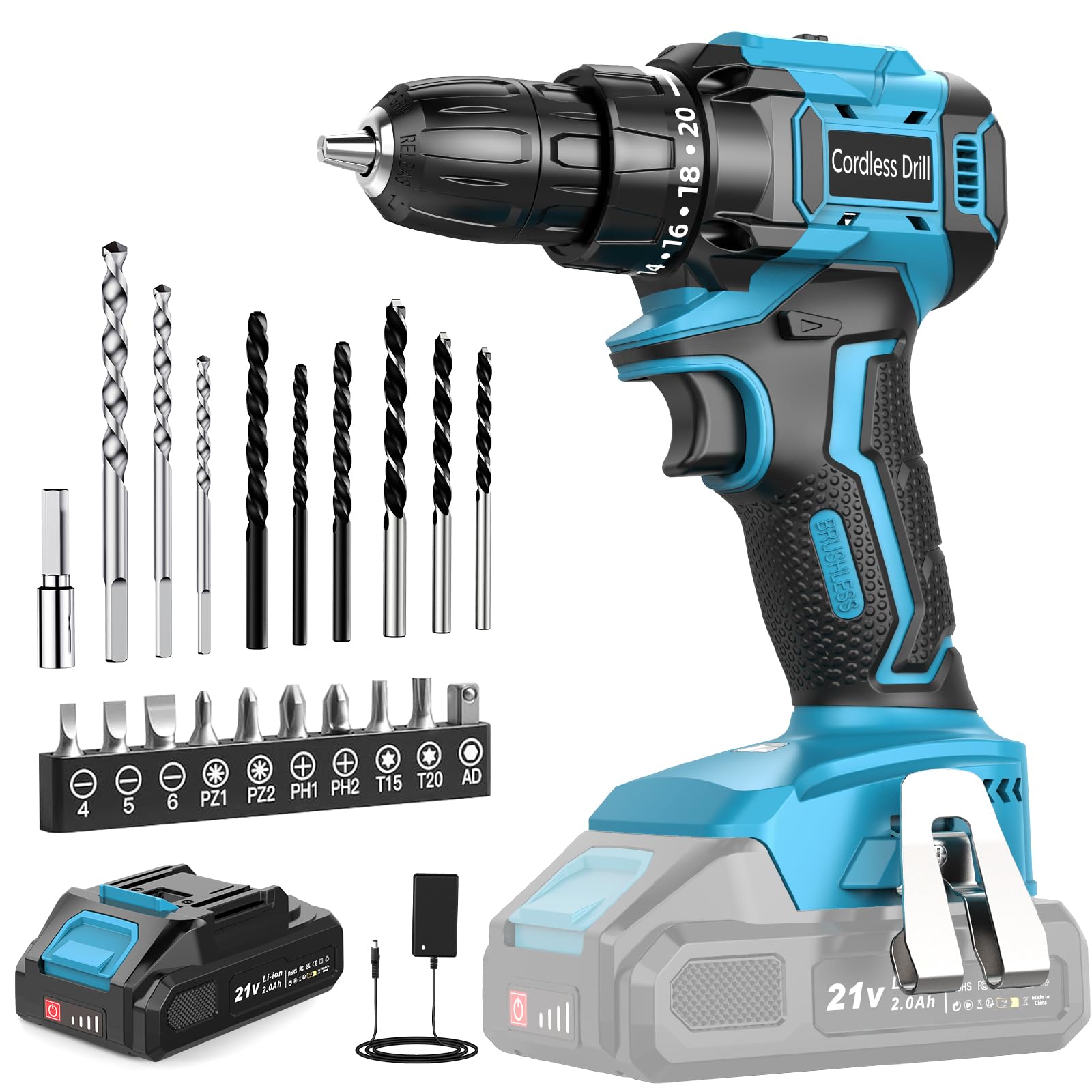 Brushless Cordless Drill Set, LEEIKOO Power Drill 21V with 2.0Ah Battery, Electric Drill 45N.m Max, 20+1 Torque, 2 Speed, LED Light, 21pcs Drills Set for Home, Garden DIY, Blue