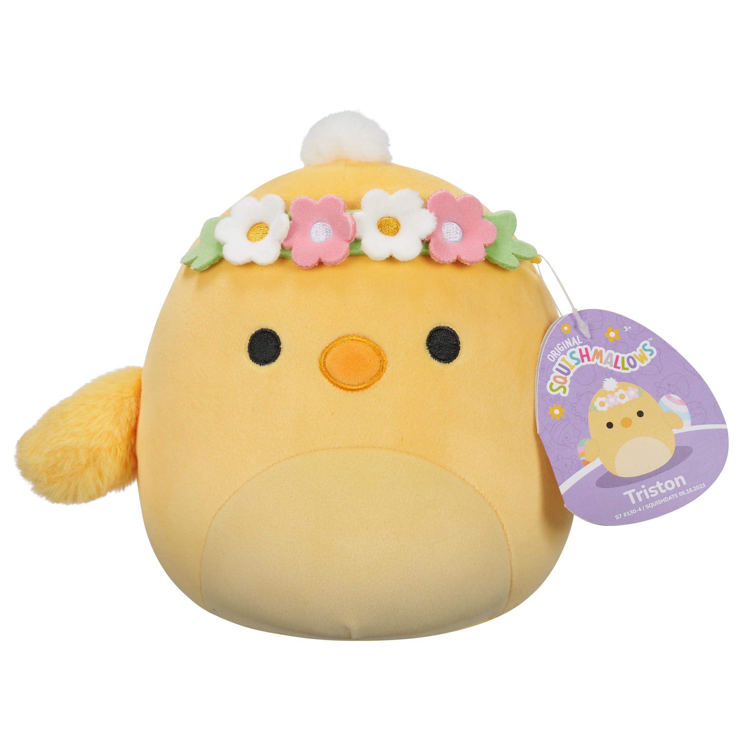 Squishmallows SQUISHMALLOWS SQER00860 SQK-Little Plush (7.5'' Yellow W/Eyes Open and Flower Crown), Triston The Chick