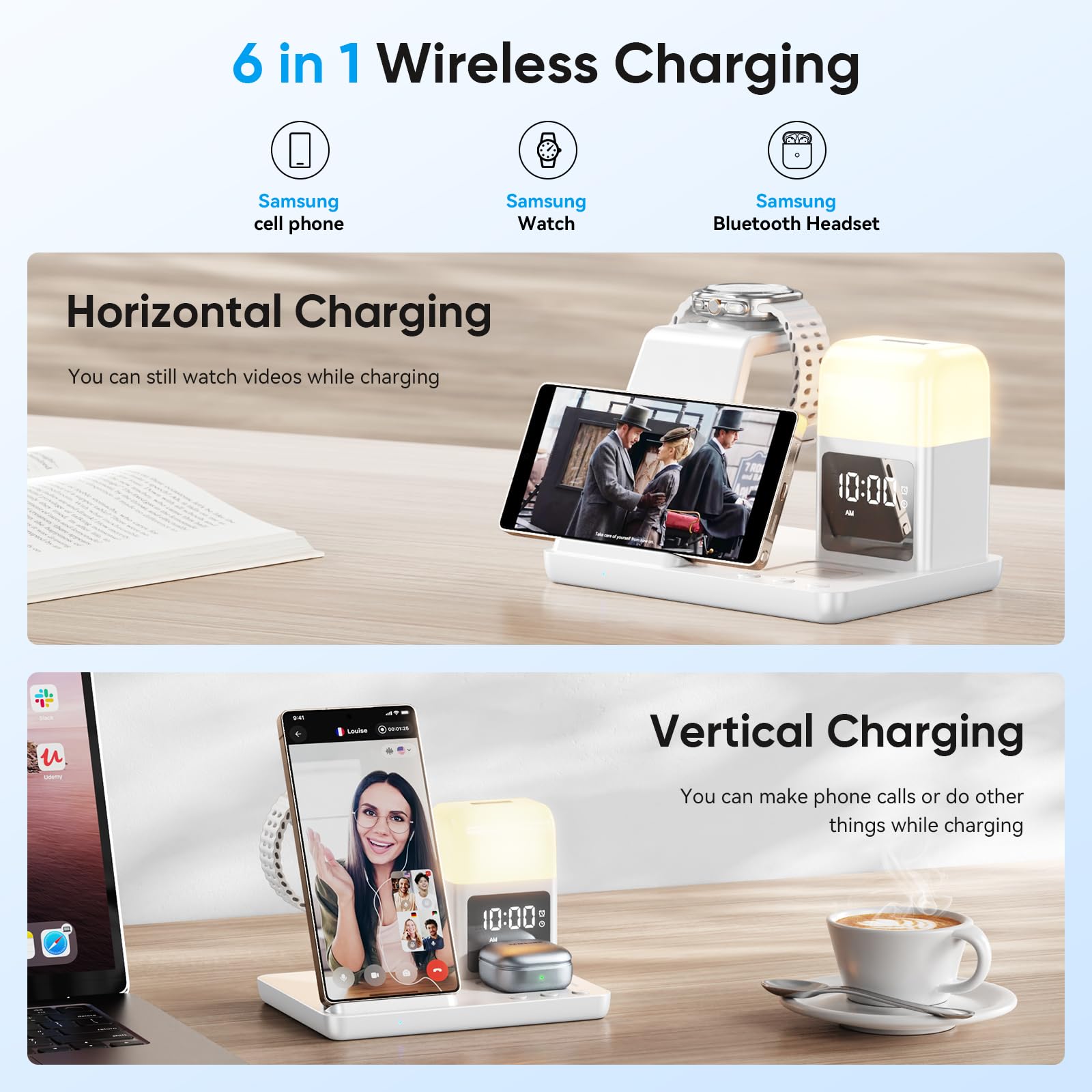 Stazione di Ricarica Induttiva 6 in 1 Aggiornata per Samsung con Sveglia e Luce a 3 Colori | Ricarica Senza Fili 15W Rapida per Galaxy S25/S24/Z Fold6/Flip/Note Galaxy Watch Ultra/6/5 Pro Galaxy Buds