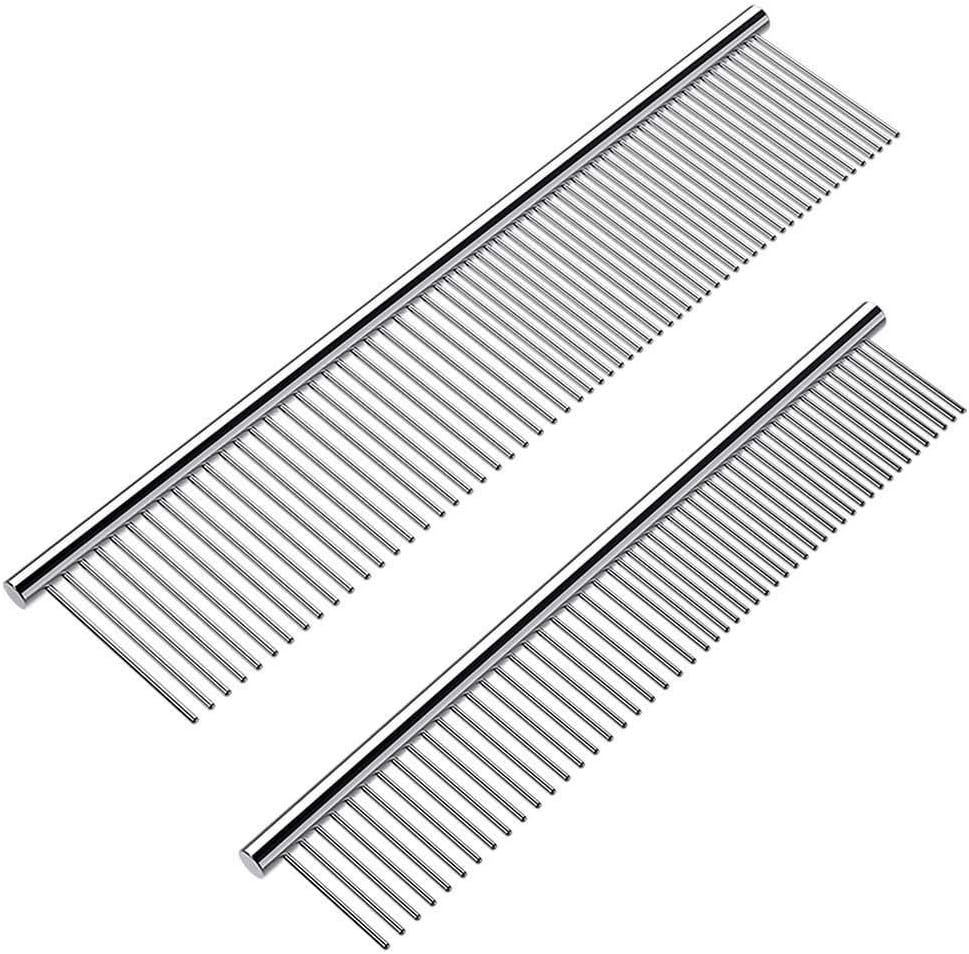 2 Pack Dog Combs with Rounded Ends Stainless Steel Teeth, Cat Comb for Removing Tangles and Knots, Professional Grooming Tool for Long and Short Haired Dog, Cat and other pets, 6.3IN/7.4IN