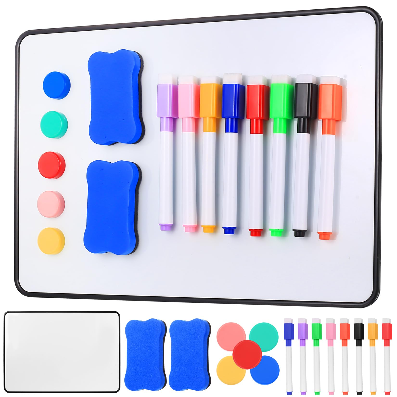 Pizarra Blanca A4 Doble Cara Borrable en Seco con Rotuladores Magnéticos e Imanes 29,5 x 21 cm