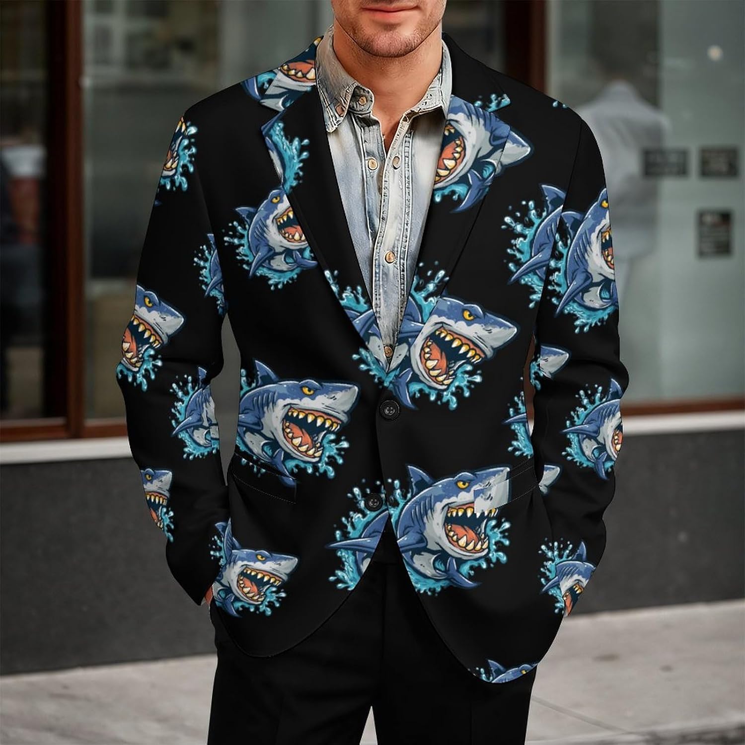 Evil Shark Mens Blazer Jacket Business Casual Suit Sport Coats Wedding Party Tuxedo
