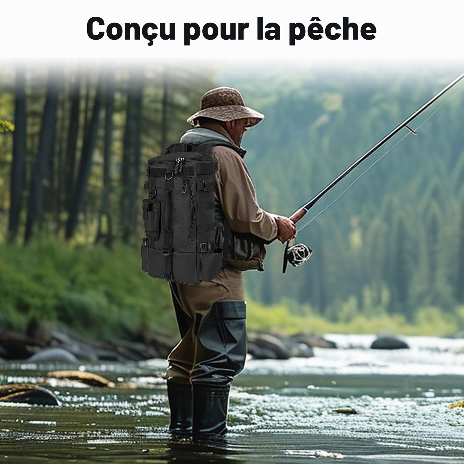Sac de Peche, Sac à Dos de Pêche Imperméable en Tissu Oxford, Sacs à Dos Multifonctionnel de Grande Capacité, Convient pour Camping, Vélo, Pêches, Sports de Plein Air
