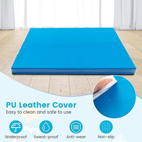 Miniatura 3 de GYMAX Colchoneta de gimnasia plegable de 4 x 4 pies, 4 pulgadas de grosor con asas de transporte, cubierta de piel sintética, tapete de gimnasio en