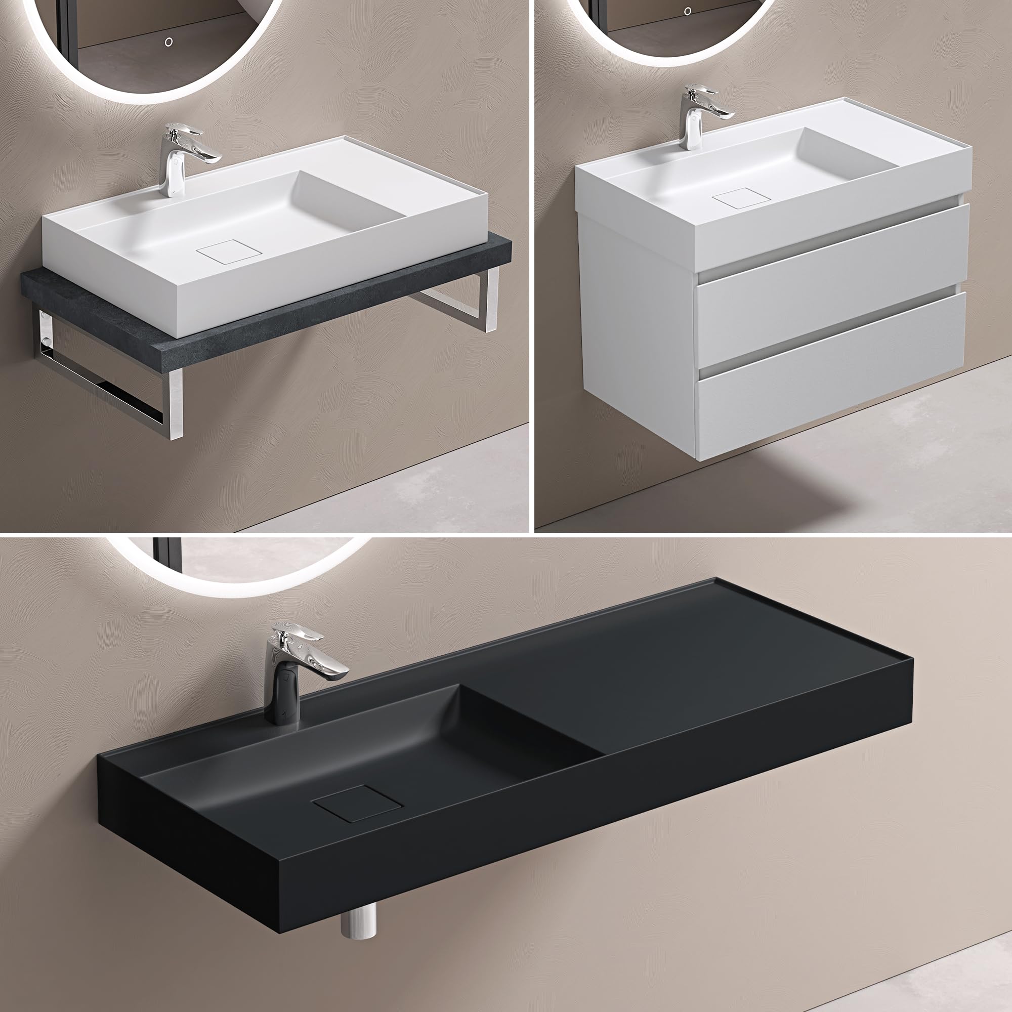doporro Lavabo Bagno Sospeso 120 cm Rettangolare in Resina Bianco Opaco con Vasca Integrata Centrale e Piletta Inclusa – Colossum630
