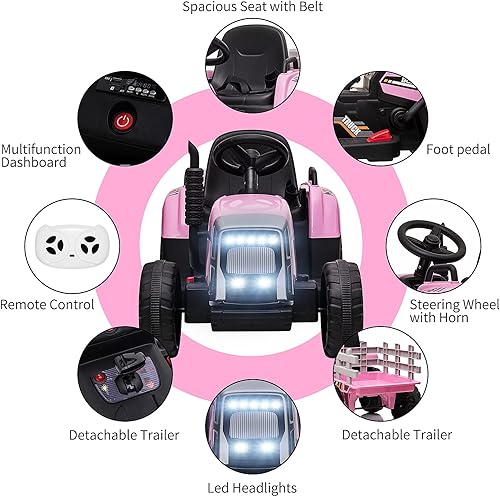 Miniatura 2 de Tractor eléctrico de 12 V para niños con remolque, automóvil para niños pequeños con control remoto, 7 faros LED, cambio de marchas 2+1, reproductor