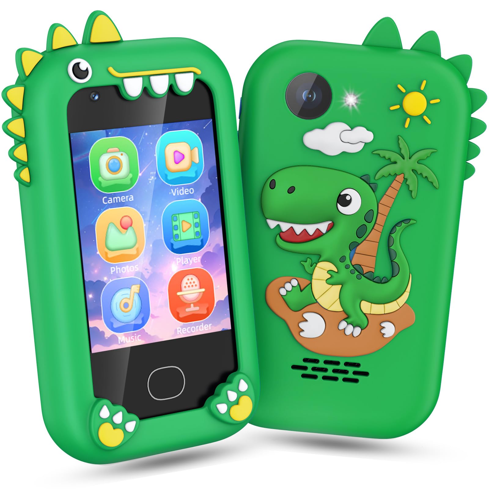 Teléfono inteligente para niños – Teléfonos para niños de 3 a 10 años, pantalla táctil HD de 2.8 pulgadas, cámara dual HD, regalo de cumpleaños de Navidad, juguete de dinosaurio, tarjeta SD de