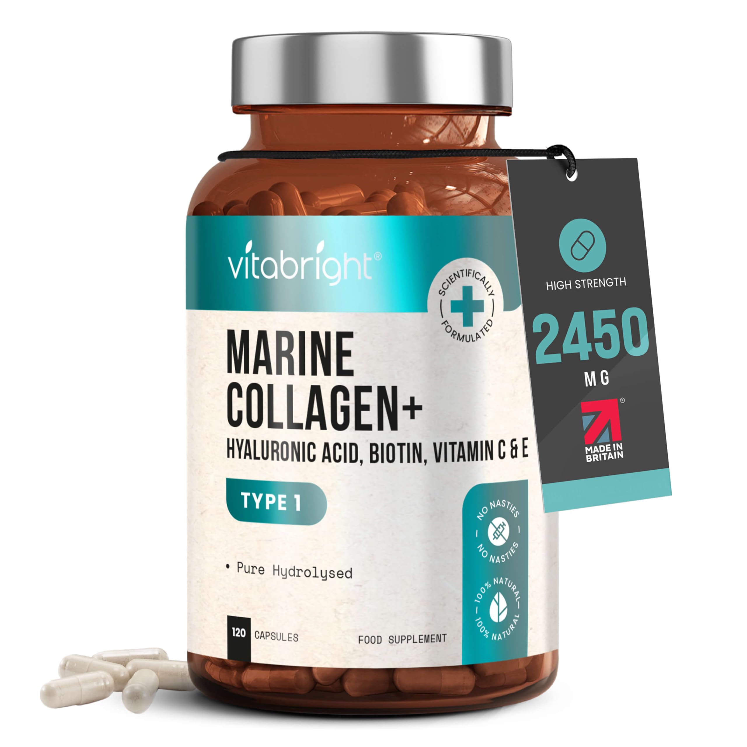 Marine Collagen Supplements for Women 2450mg Complex | 120 Hydrolyzed Marine Collagen Capsules with Hyaluronic Acid | Skin Supplements for Women | High Strength Collegen Peptides Tablets | Vitabright