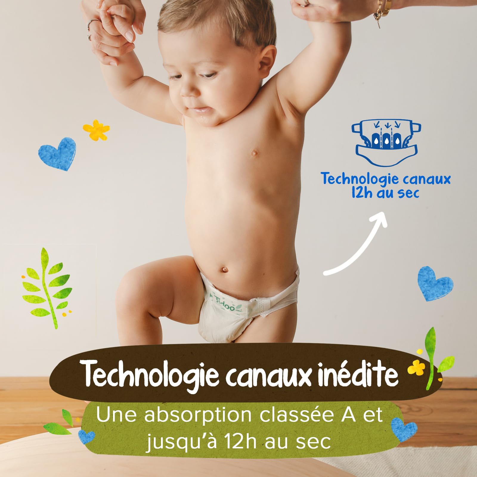 TIDOO - Couches écologique Taille 5 (12-25kg) - Origine Naturelle, sans substances nocives - 12h au sec, ultra absorbantes - Fabriquées en France - 120 Couches Jetables - Pack 1 Mois