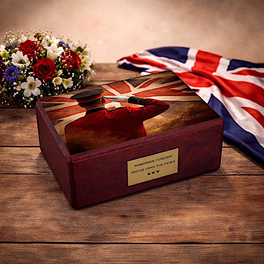British Soldier Urn for Ashes Military Wooden Cremation Urn, Adult Size Casket
